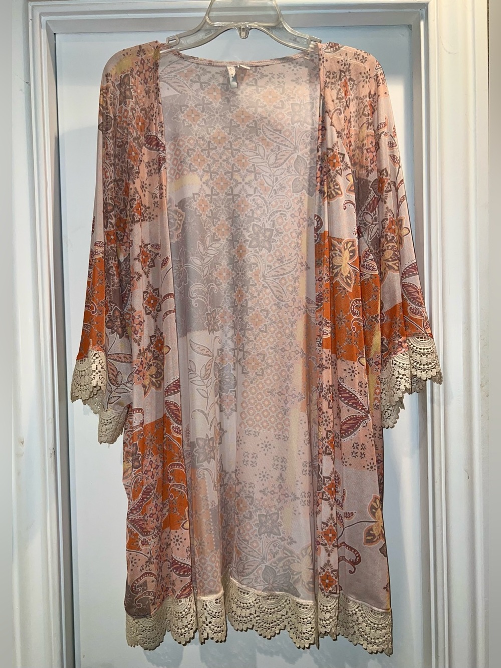 Boho Floral Lace-Trim Kimono Cardigan in Dusty Pink & Orange